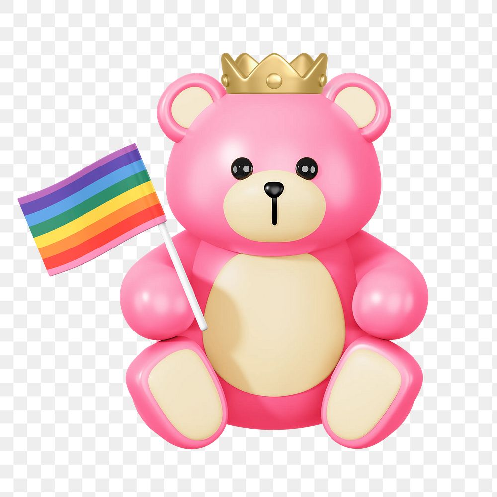 Teddy bear png holding pride flag, LGBTQ 3D remix, transparent background