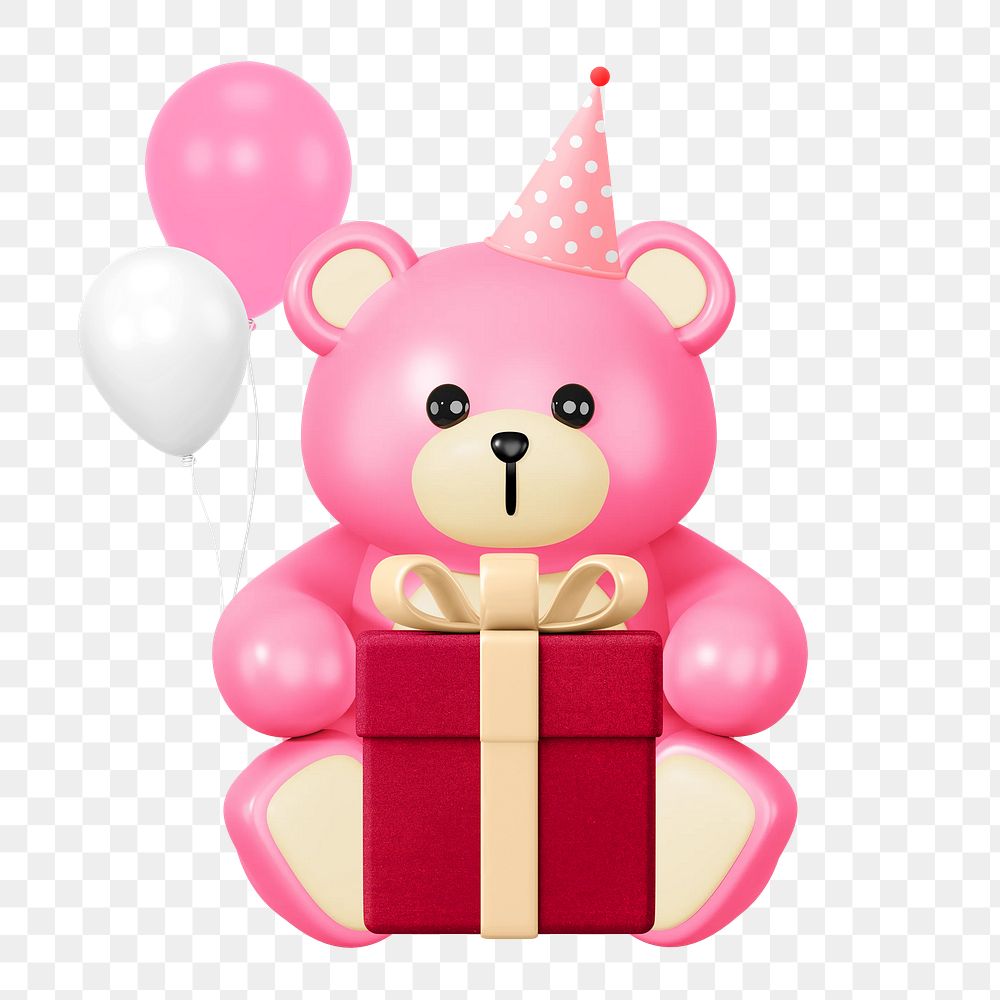 Pink birthday png teddy bear, 3D illustration, transparent background