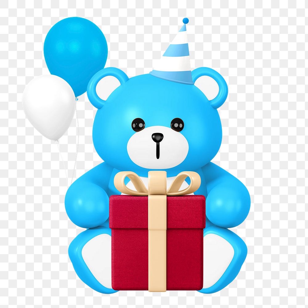 Blue birthday png teddy bear, 3D illustration, transparent background