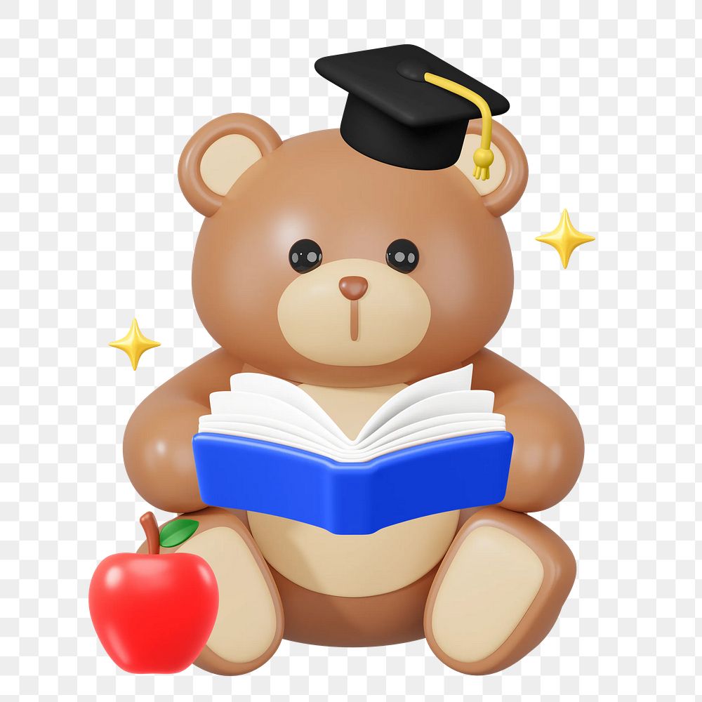 Graduate teddy bear png, 3D education illustration, transparent background