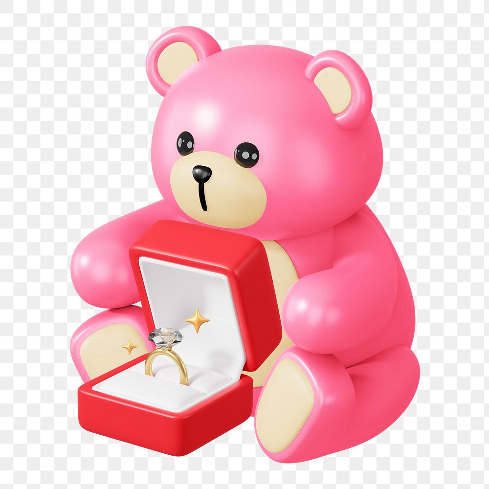 Engagement ring png teddy bear, 3D wedding illustration, transparent background