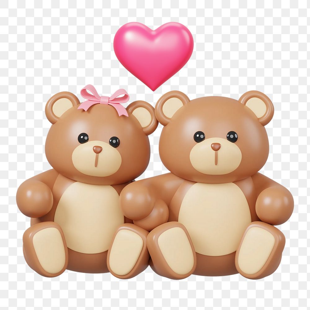 Couple teddy bears png, 3D Valentine's illustration, transparent background