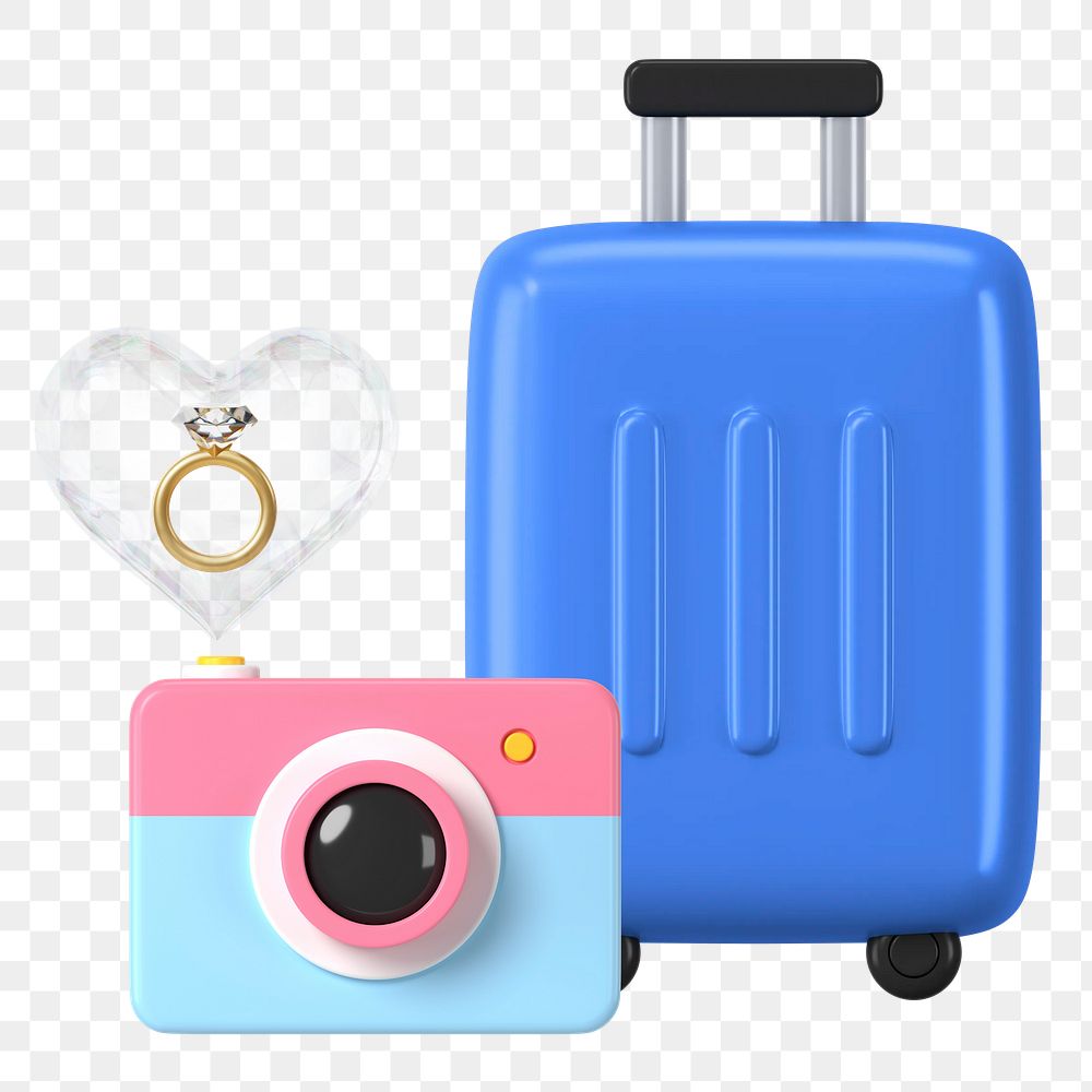 3D honeymoon png remix, wedding ring, travel luggage & camera, transparent background