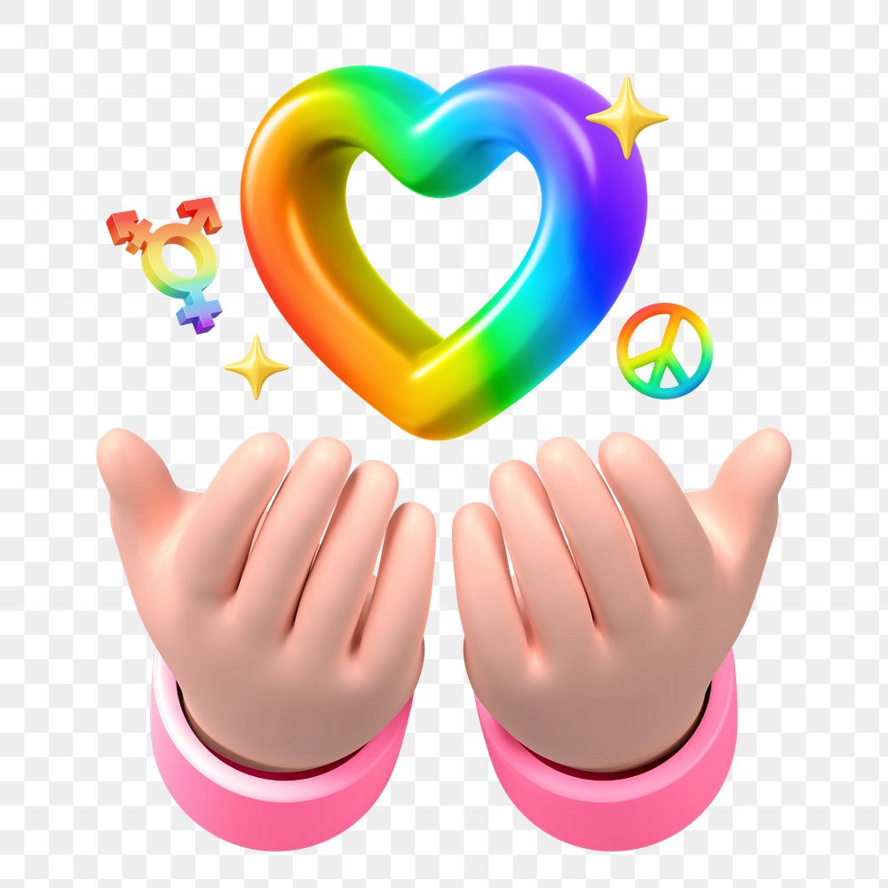 Hand png presenting rainbow heart, 3D LGBTQ remix, transparent background