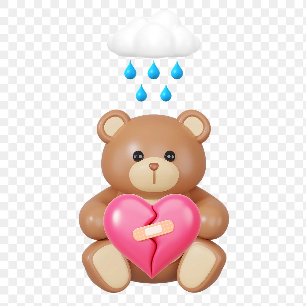 Heartbroken teddy bear png, 3D illustration, transparent background