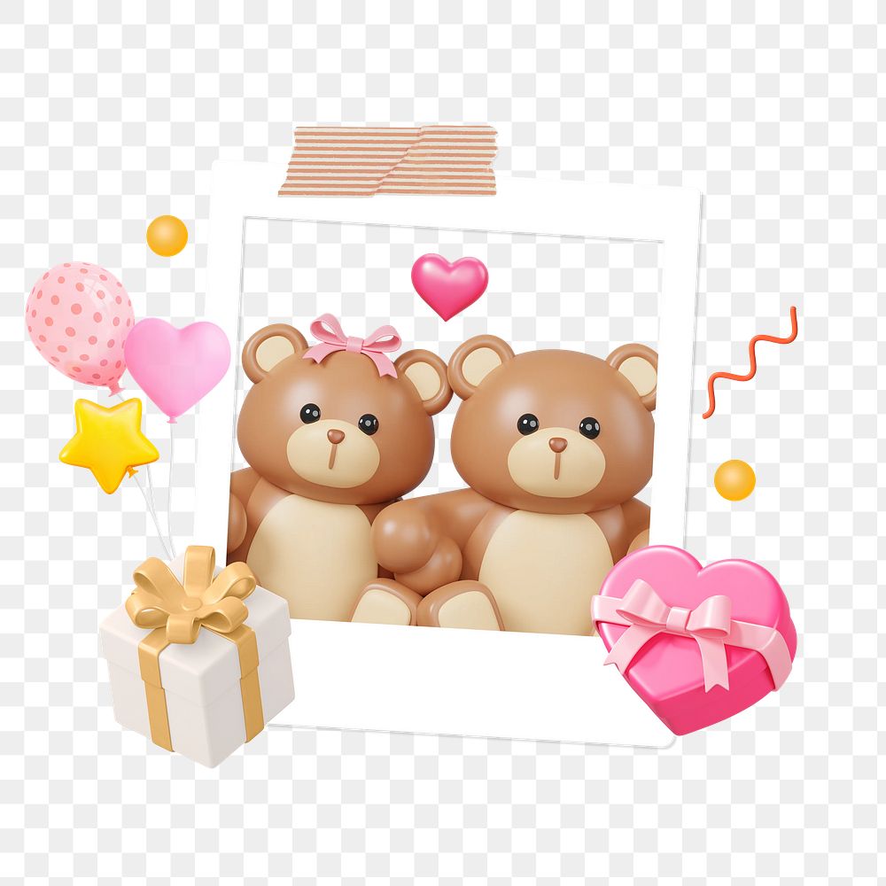 Couple teddy bears png, birthday celebration, 3D illustration, transparent background