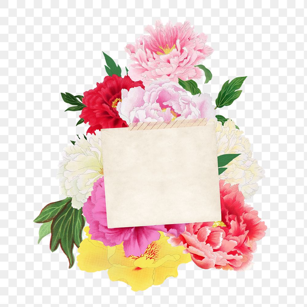 Note paper png badge, flower bouquet collage, transparent background