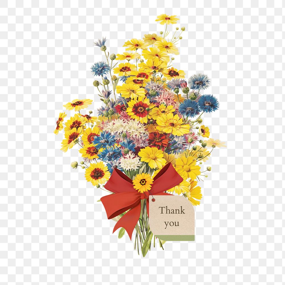 Thank you png greeting, aesthetic flower bouquet collage art on transparent background