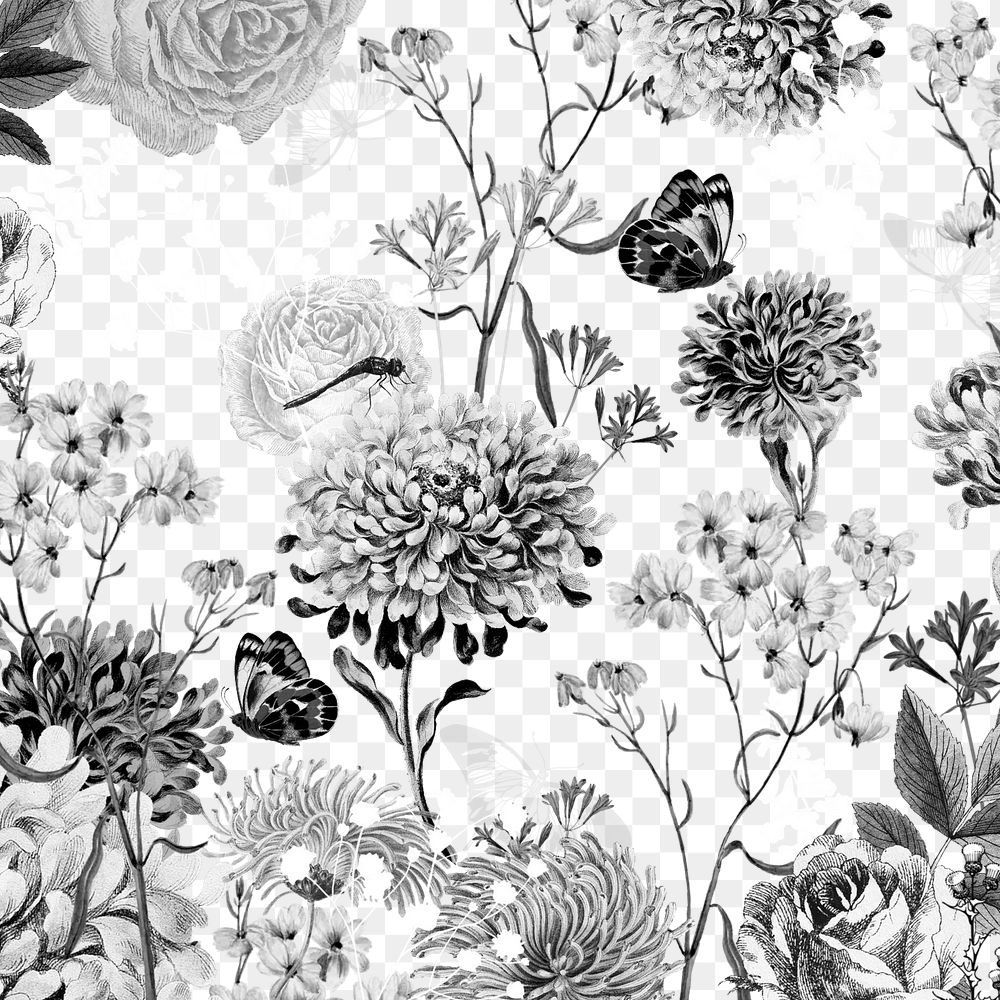 Monotone flower png black and white botanical, transparent background