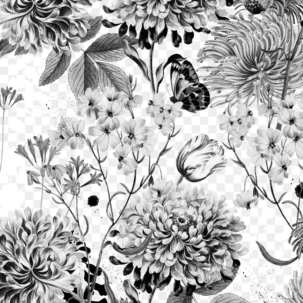 Monotone flower png black and white botanical, transparent background