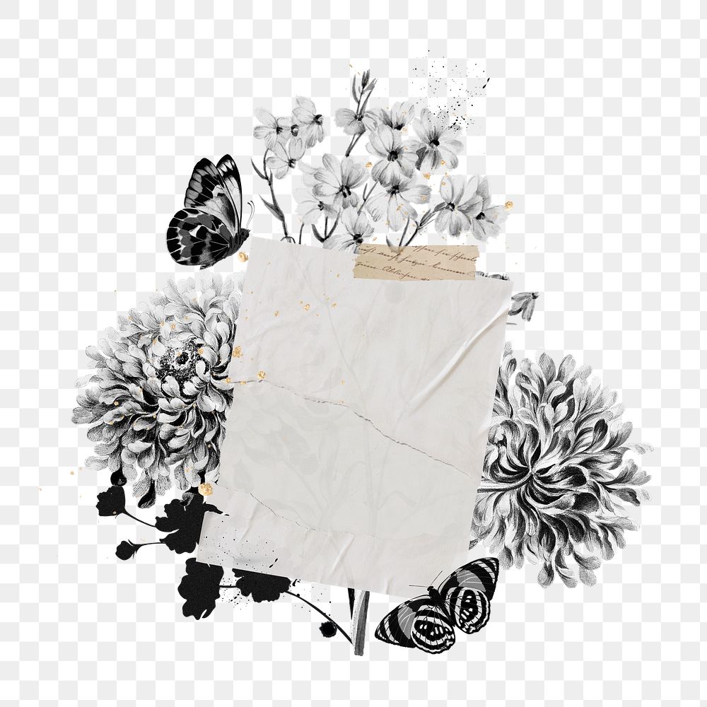 Note paper png badge, flower bouquet collage, transparent background