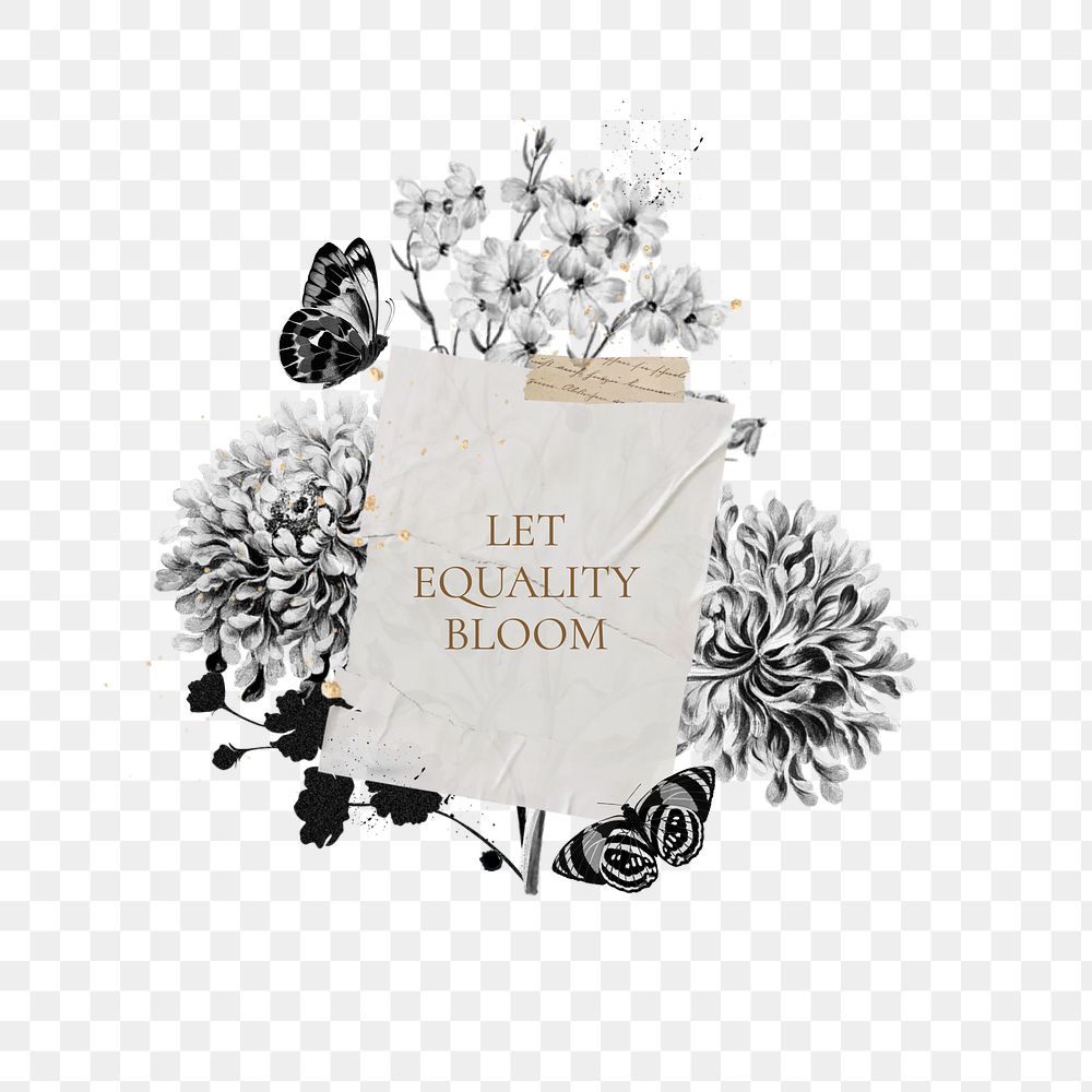 Let equality bloom png quote, aesthetic flower collage art on transparent background
