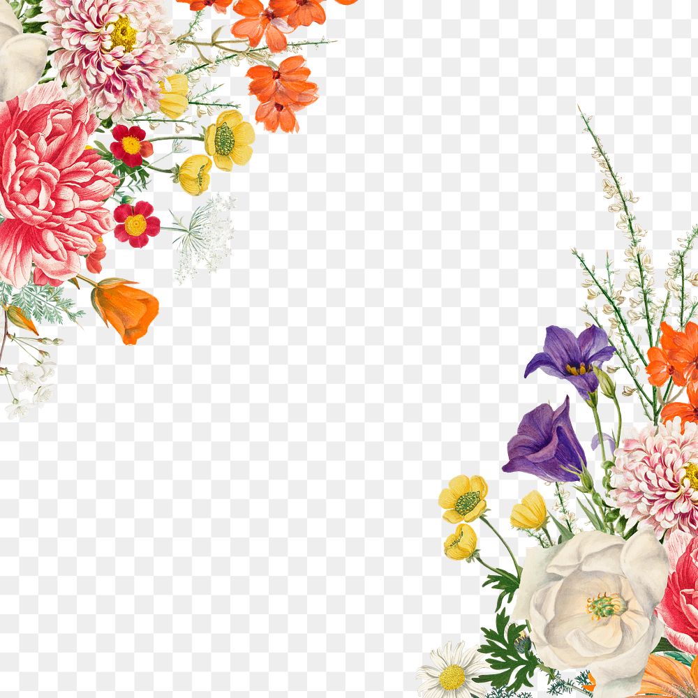 Vintage colorful flowers png border, transparent background