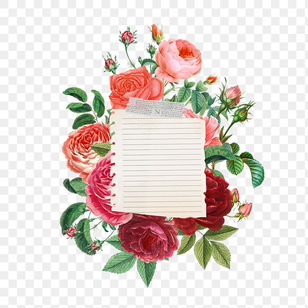 Valentine's note paper png flower bouquet, transparent background