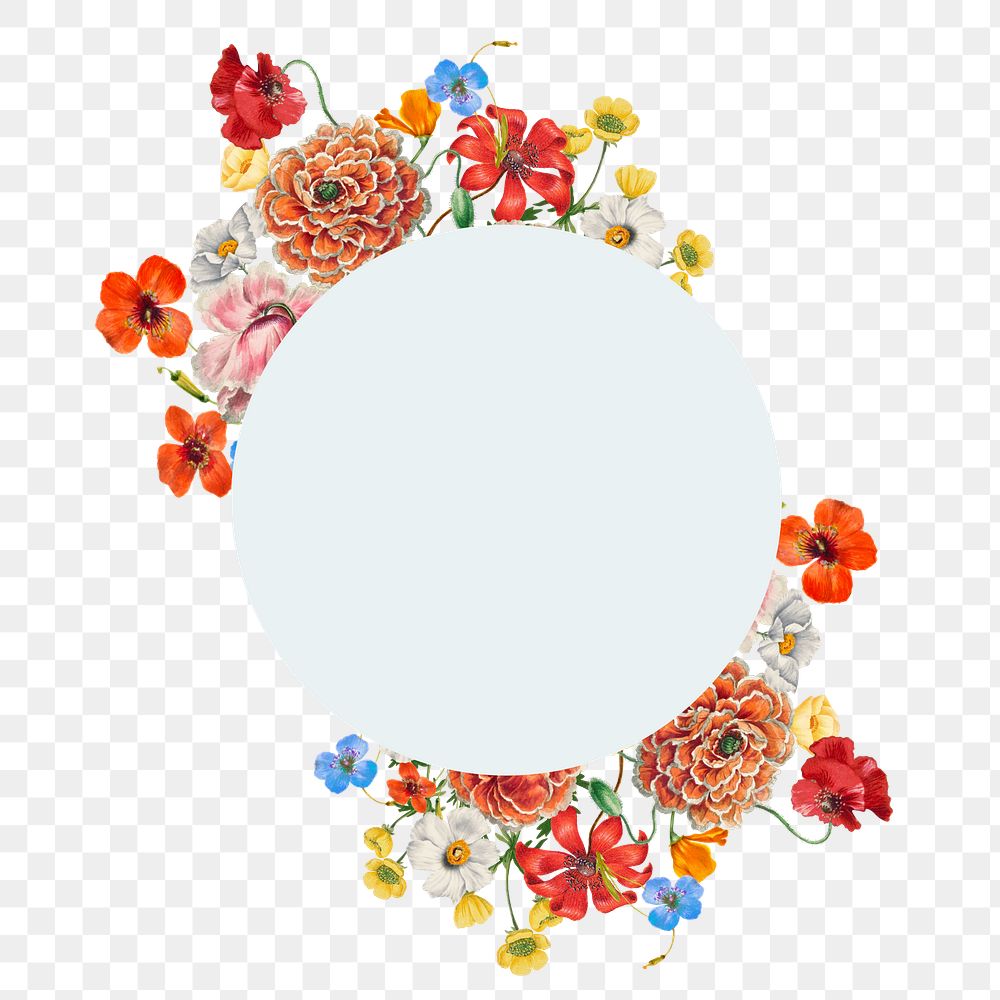 Circle flower png badge, colorful botanical illustration, transparent background