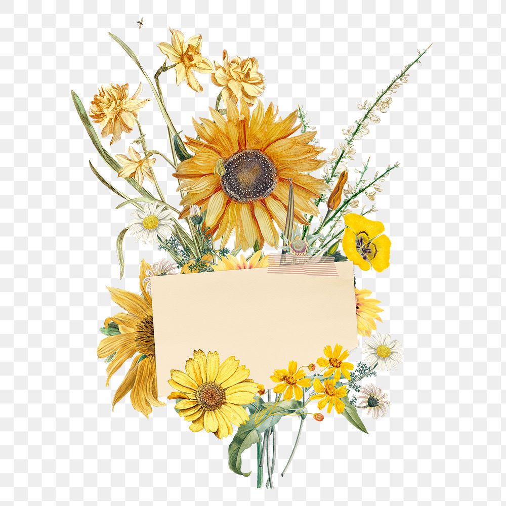 Sunflower bouquet with note paper collage, transparent background