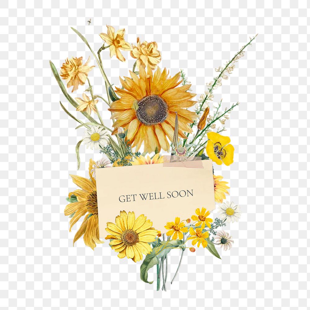 Get well soon png  greeting, aesthetic flower bouquet collage art on transparent background
