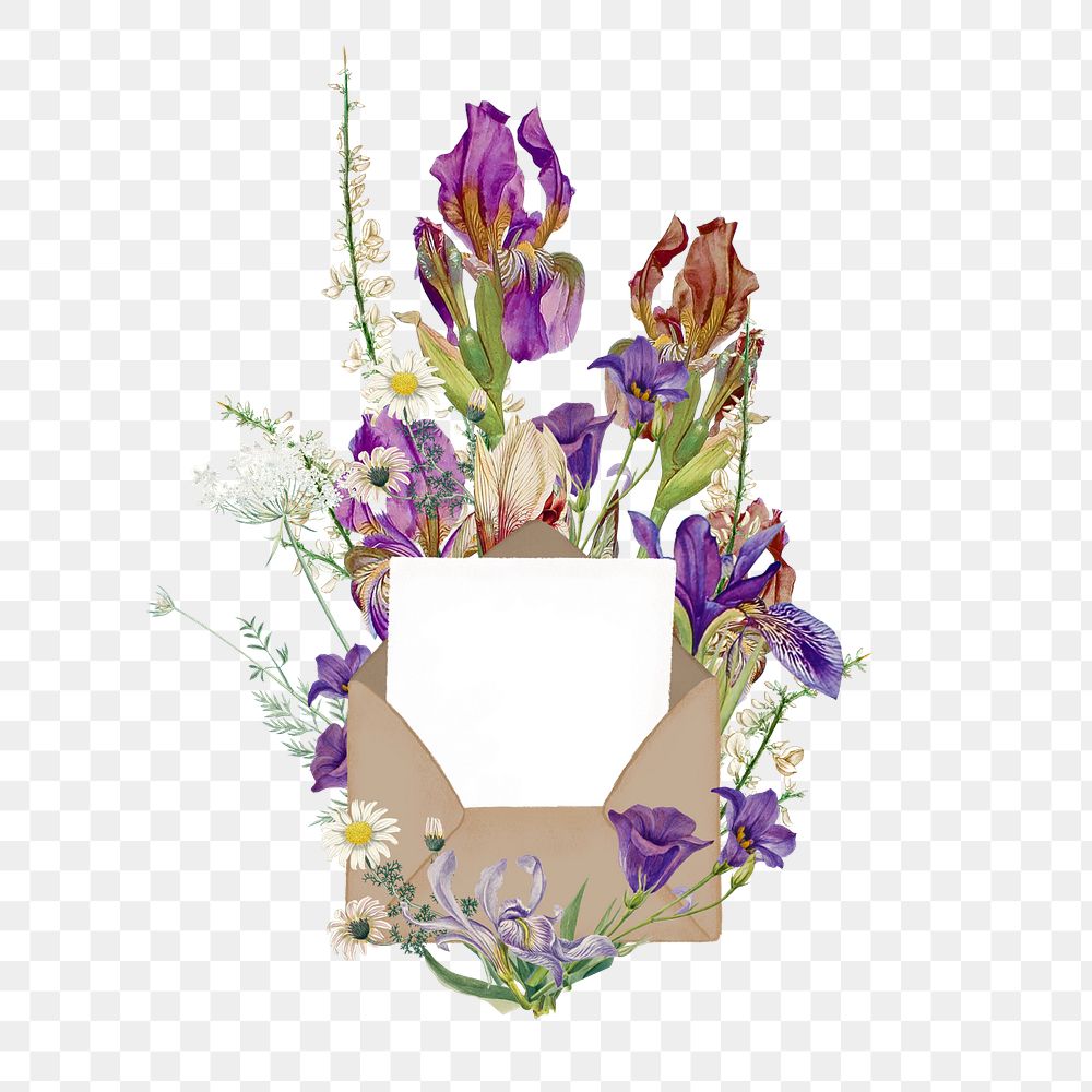 Wedding invitation, purple flower bouquet paper collage, transparent background