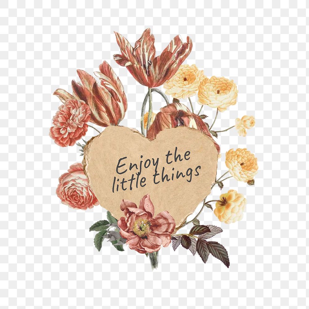 Enjoy little things png quote, Autumn flower collage art on transparent background