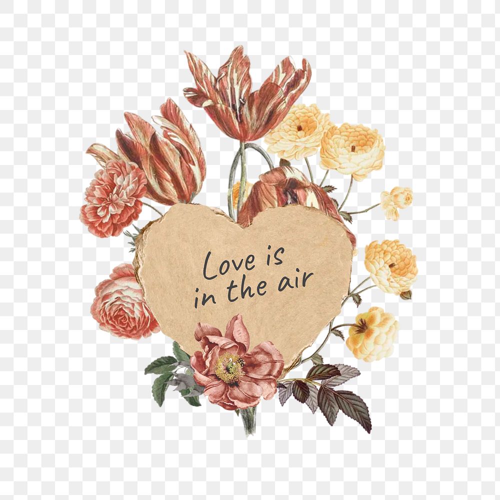 Love is in the air png quote, Autumn flower collage art on transparent background