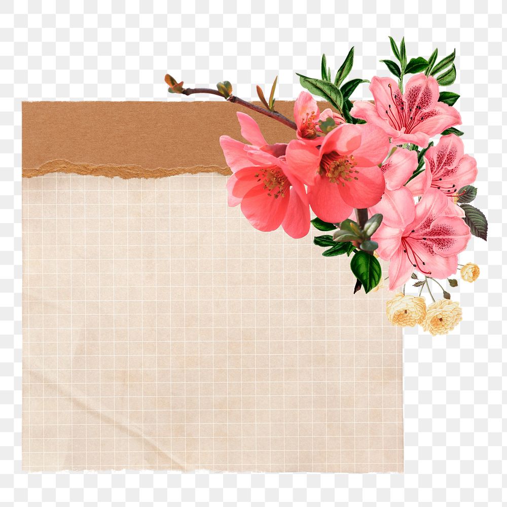 Note paper png badge, cherry blossom flowers collage, transparent background