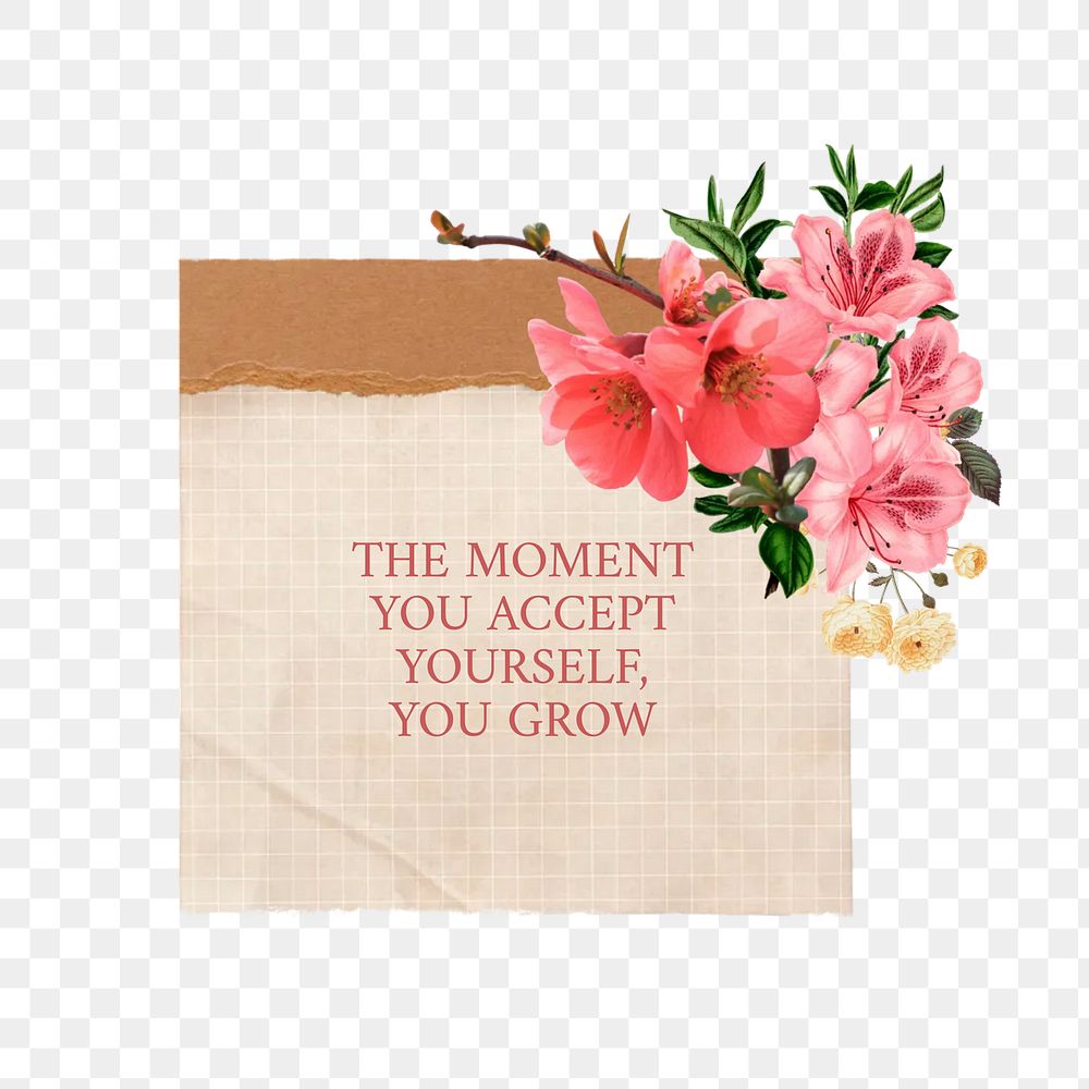 Accept yourself png quote, aesthetic flower collage art on transparent background