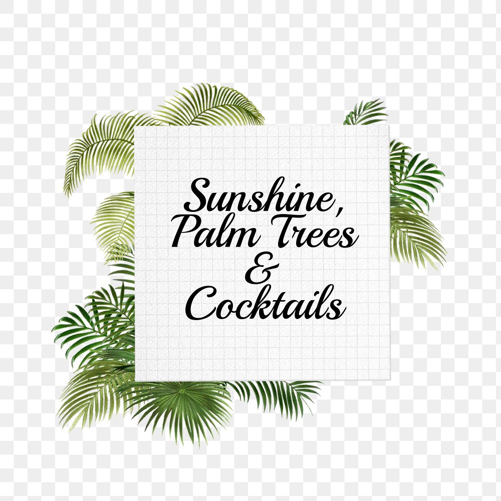 Sunshine, palm trees png quote, aesthetic collage art on transparent background