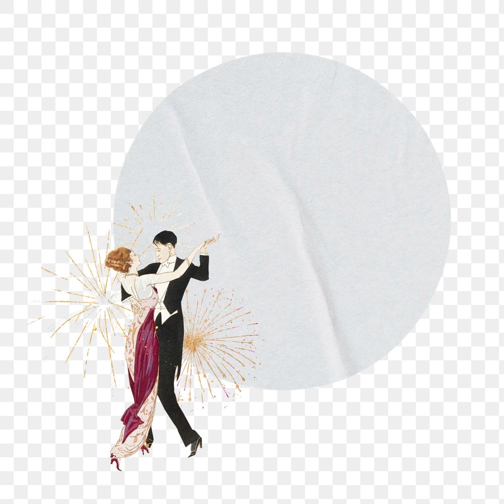 Vintage dancing png couple, paper badge, celebration, transparent background. Remixed by rawpixel.