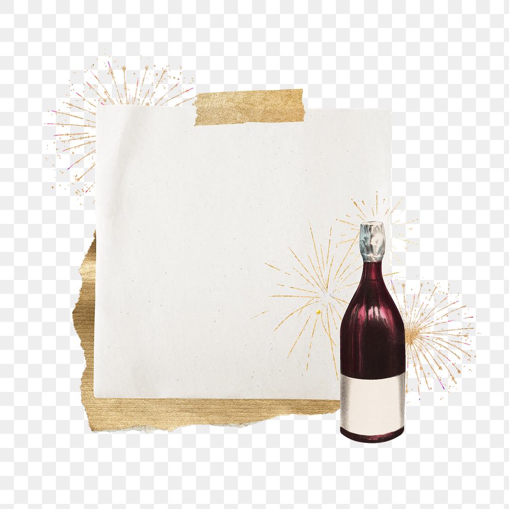 Wine bottle fireworks png, note paper, celebration, transparent background. Remixed by rawpixel.