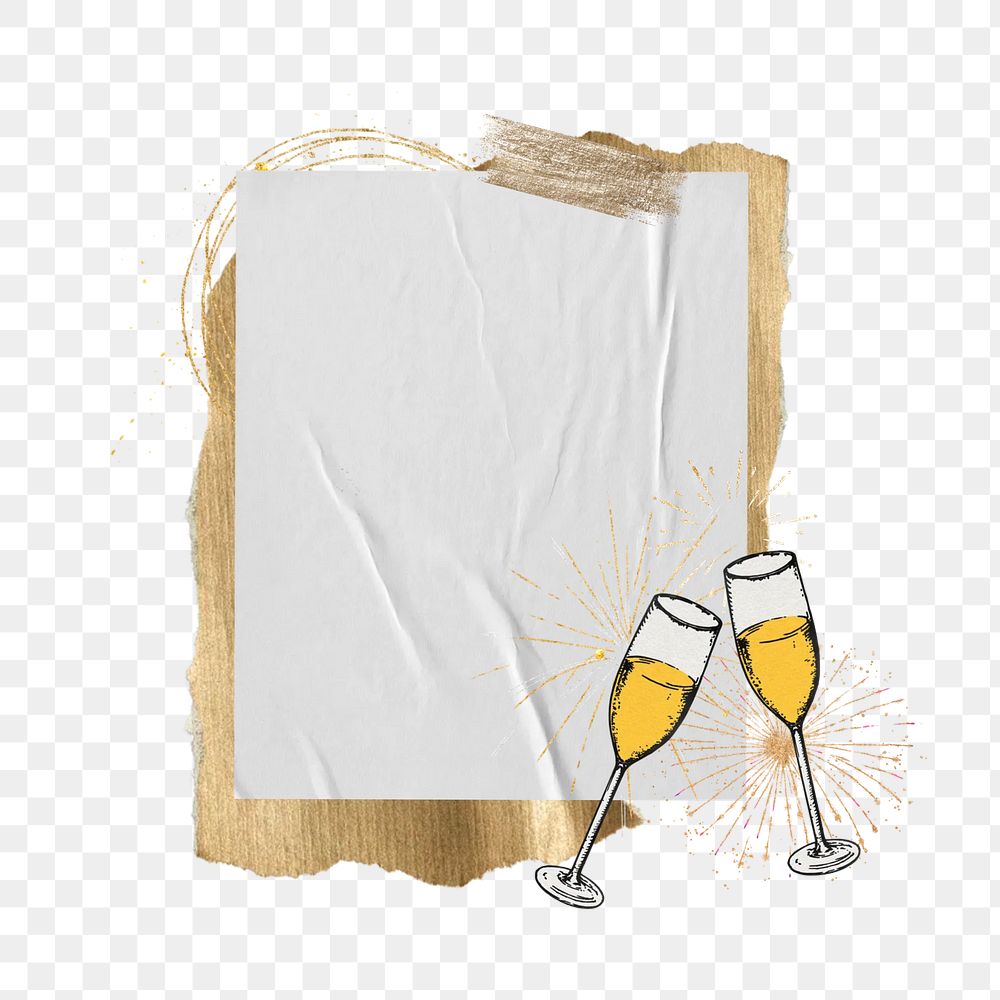 Champagne glasses png, note paper, celebration, transparent background. Remixed by rawpixel.