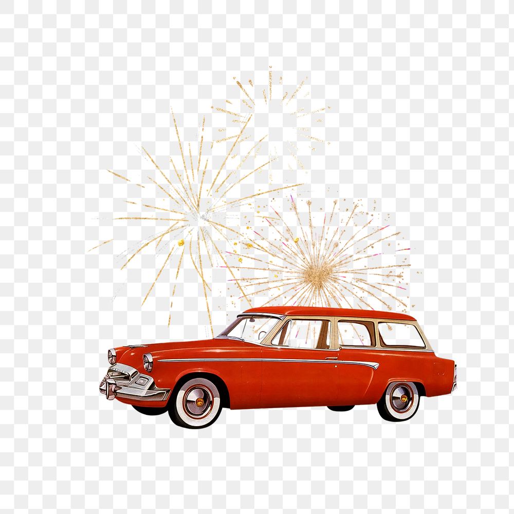 Classic car & fireworks png, celebration remix, transparent background