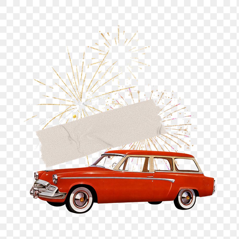 Classic car & fireworks png, celebration remix, transparent background