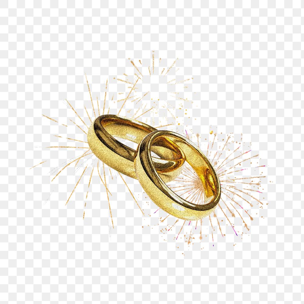 Gold wedding rings, fireworks, celebration collage, transparent background
