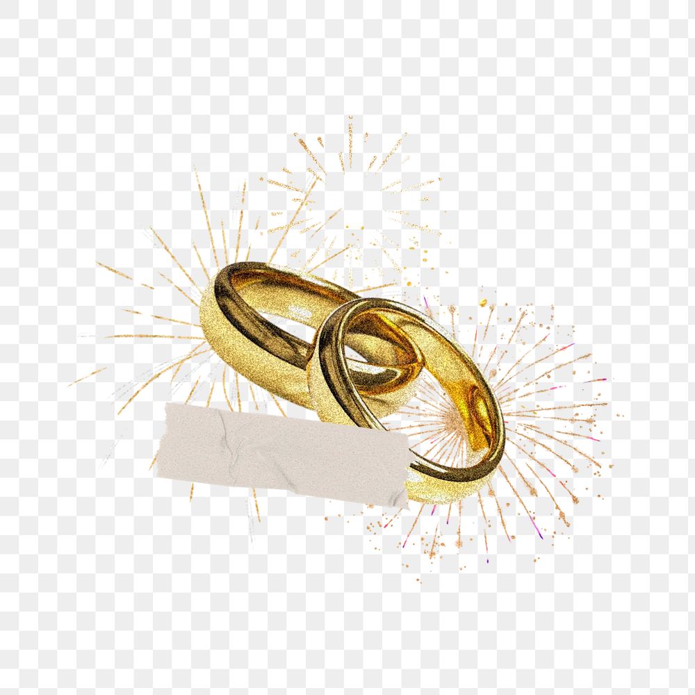 Gold wedding rings, fireworks, celebration collage, transparent background