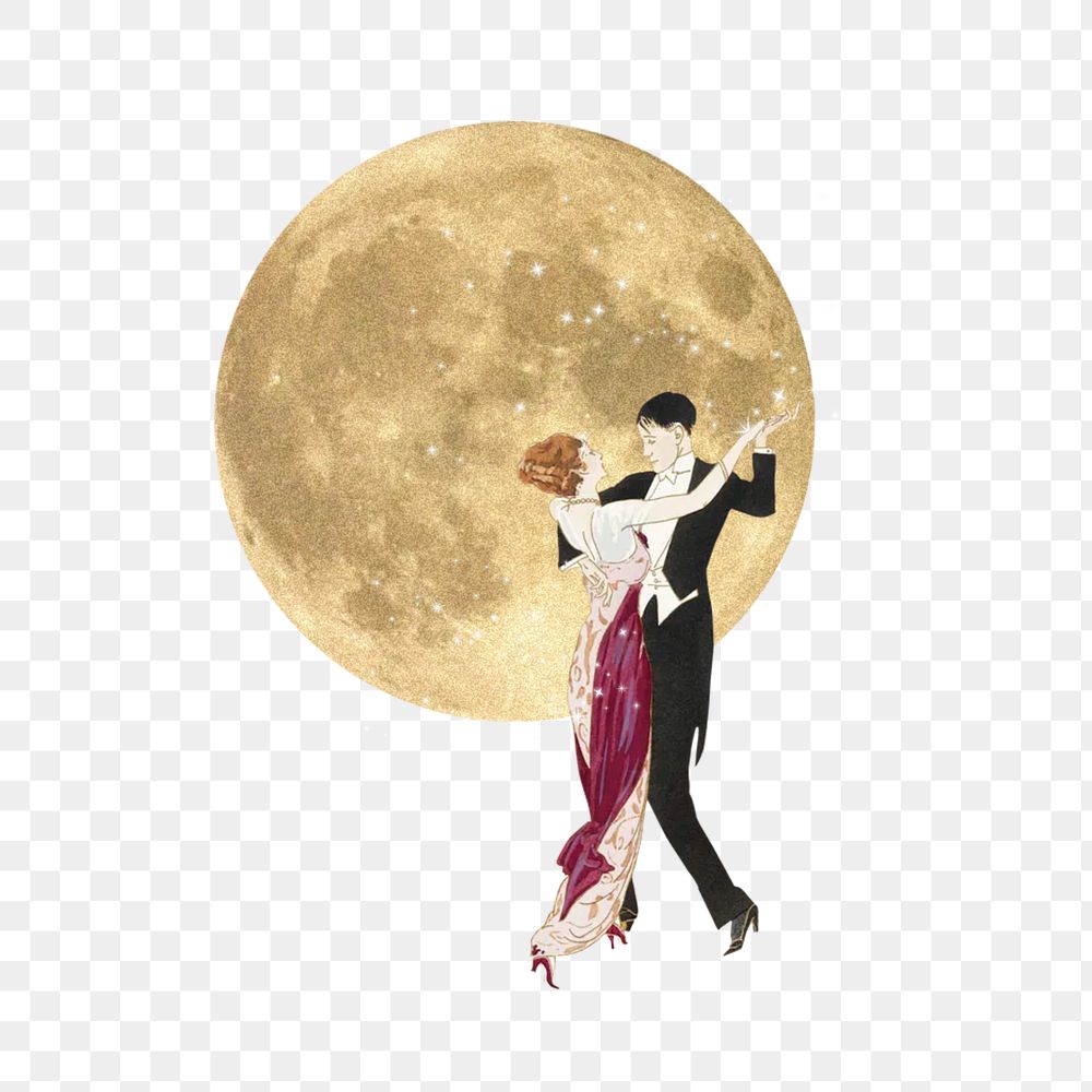 Png Couple dancing under the moon, vintage collage art, transparent background. Remixed by rawpixel.