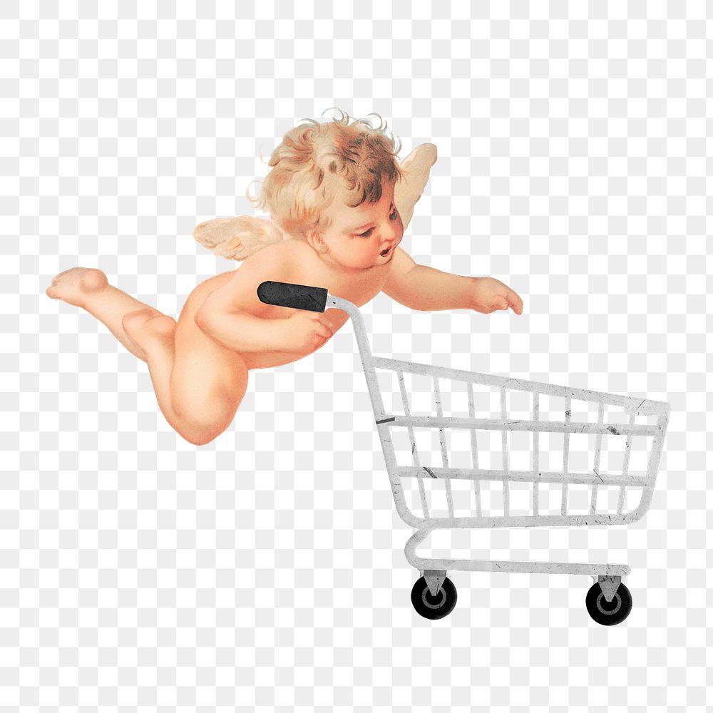 Cupid png pushing shopping cart, transparent background. Remixed by rawpixel.