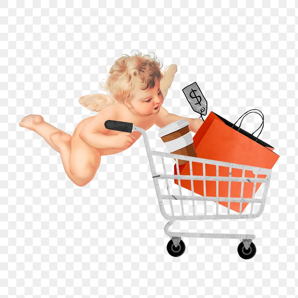 Shopping png  cupid with trolley, transparent background. Remixed by rawpixel.