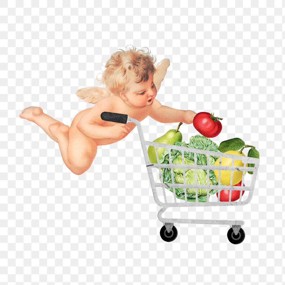 Cupid png grocery shopping, wellness, transparent background. Remixed by rawpixel.