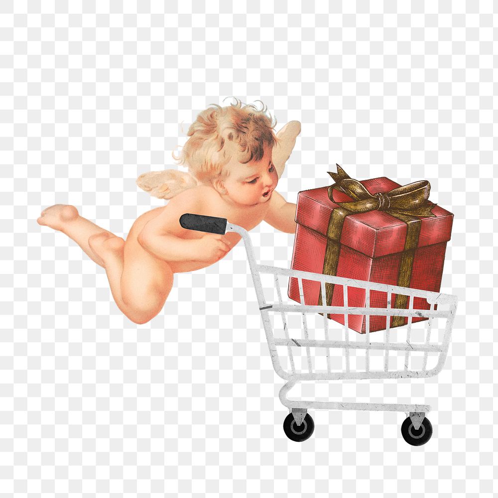 Gift box in shopping cart png element, cupid, transparent background. Remixed by rawpixel.