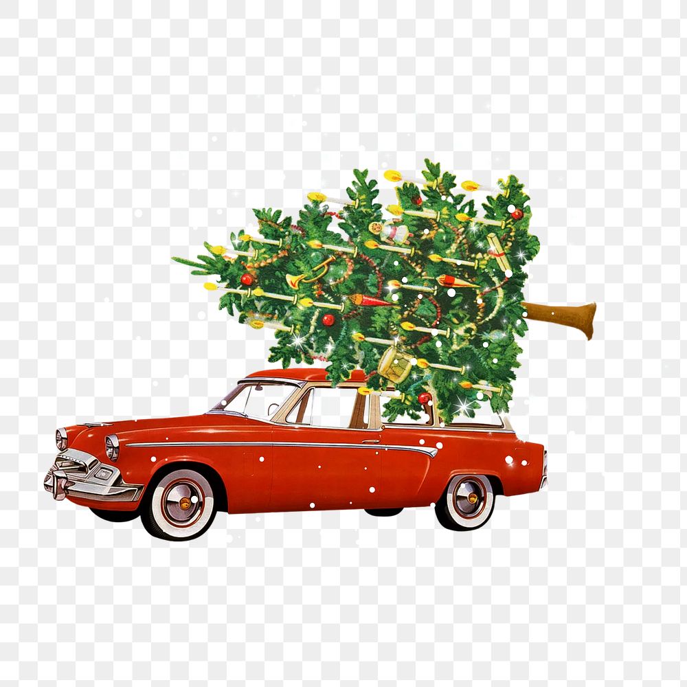 Car carrying Christmas tree png, collage art on transparent background. Remixed by rawpixel.