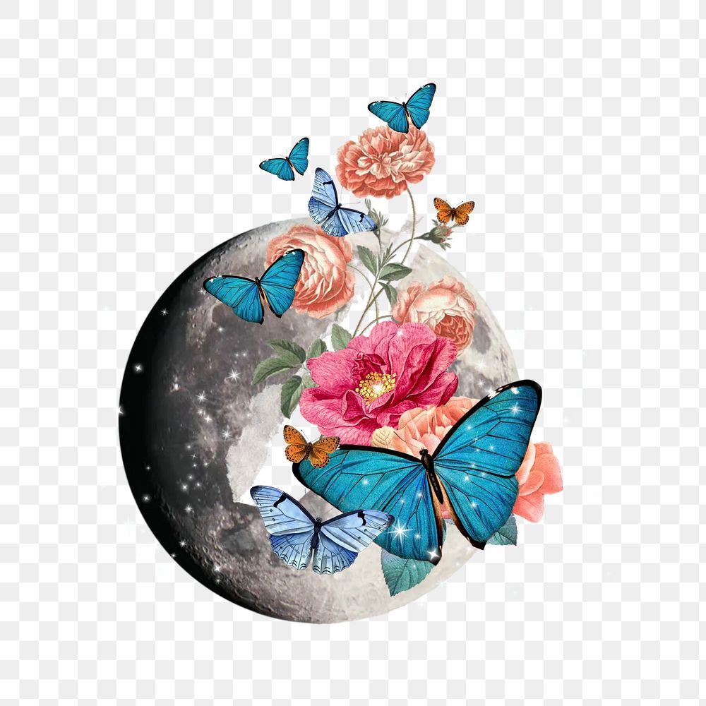 Floral moon butterfly png, surreal collage art, transparent background