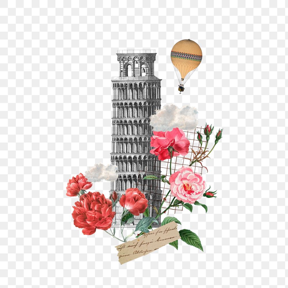 Tower of Pisa png, floral travel collage, transparent background. Remixed by rawpixel.