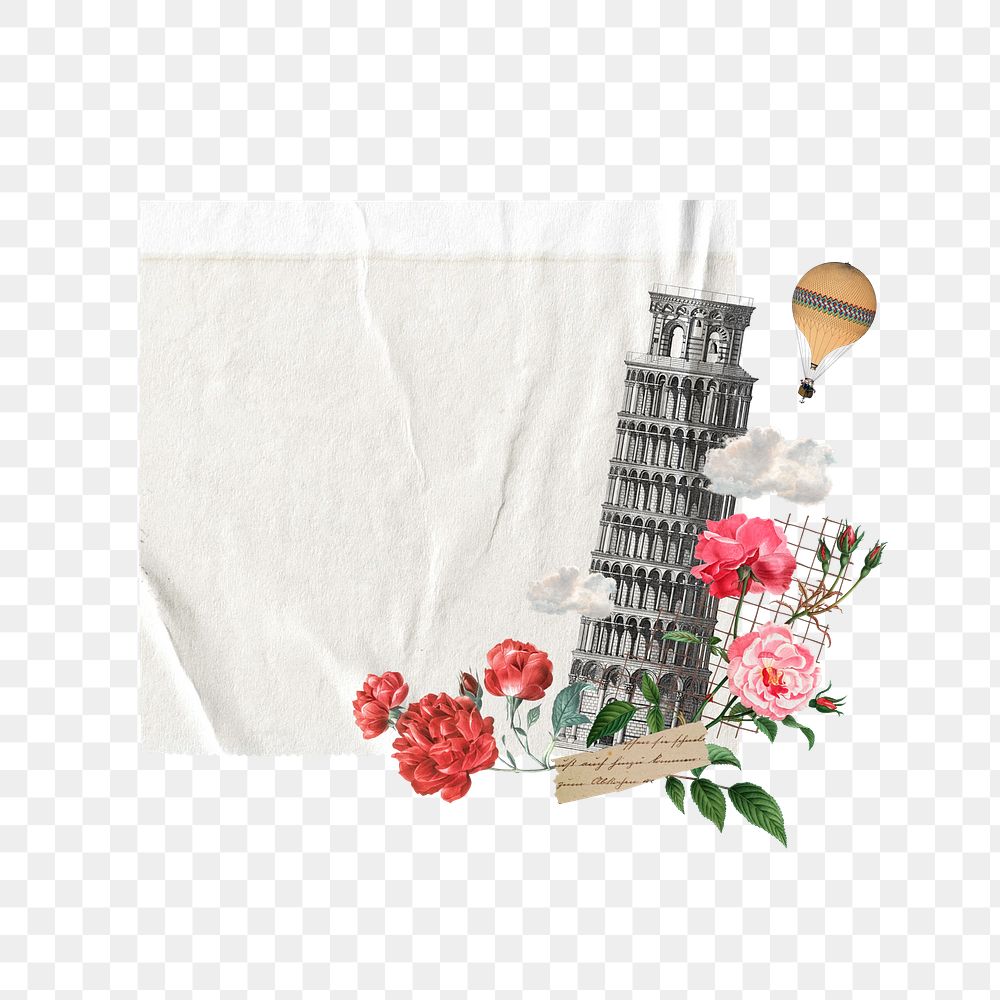 Tower of Pisa png note paper, floral travel collage, transparent background. Remixed by rawpixel.