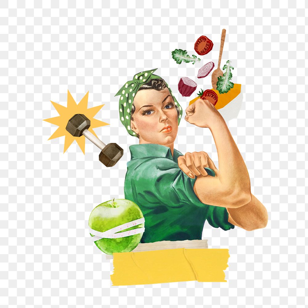 Flexing woman png, healthy diet & wellness collage, transparent background. Remixed by rawpixel.