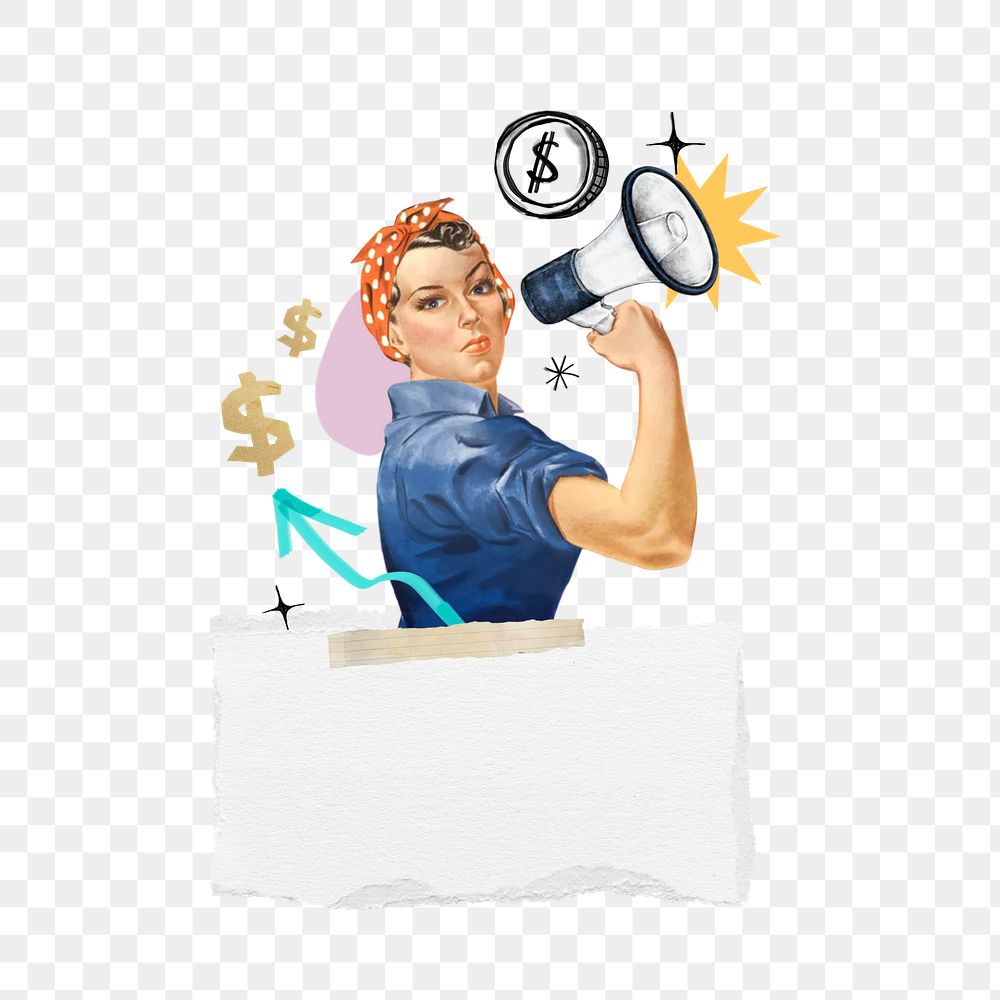 Investor finding png note paper, woman holding megaphone, finance, transparent background. Remixed by rawpixel.