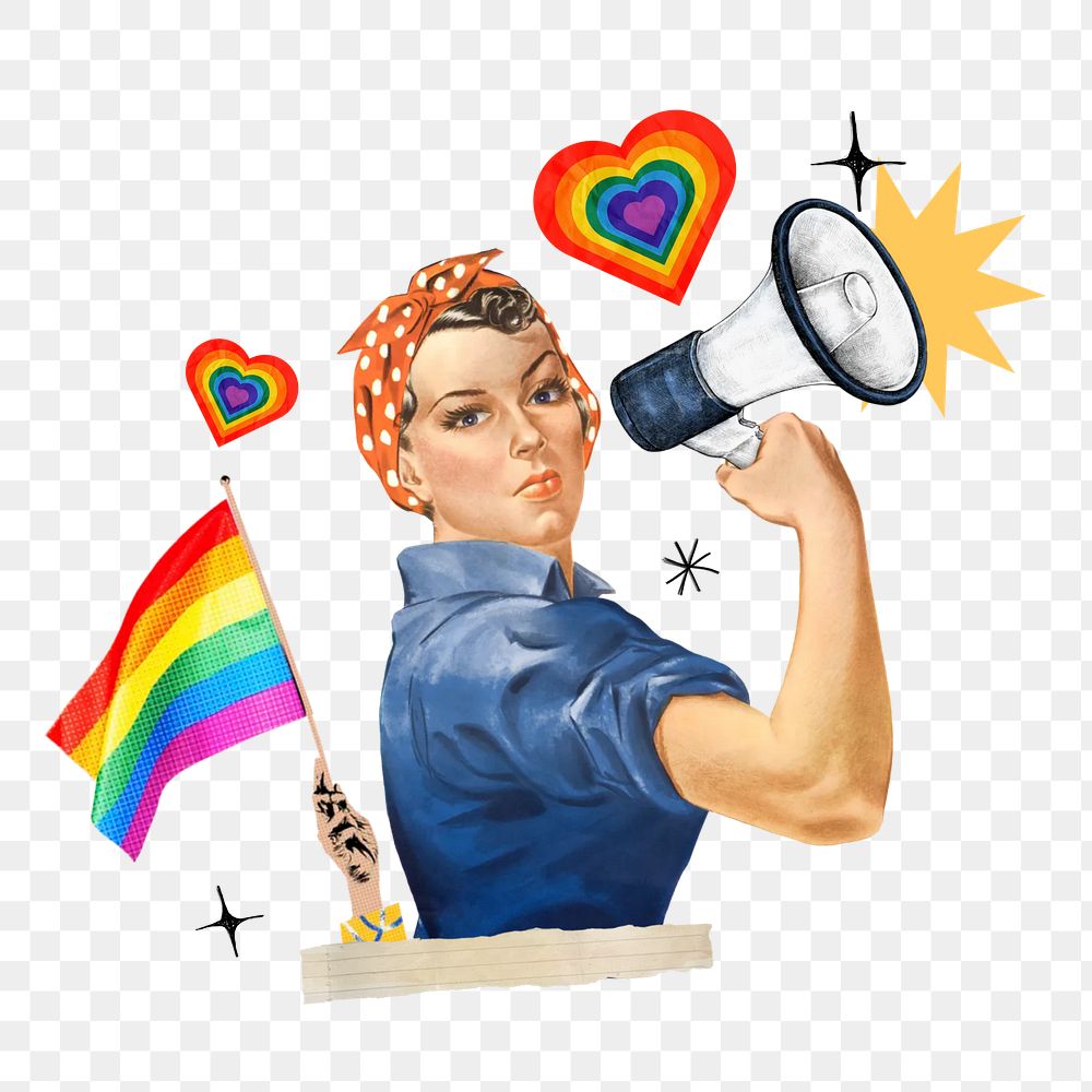 LGBT png woman activist holding pride flag, transparent background. Remixed by rawpixel.