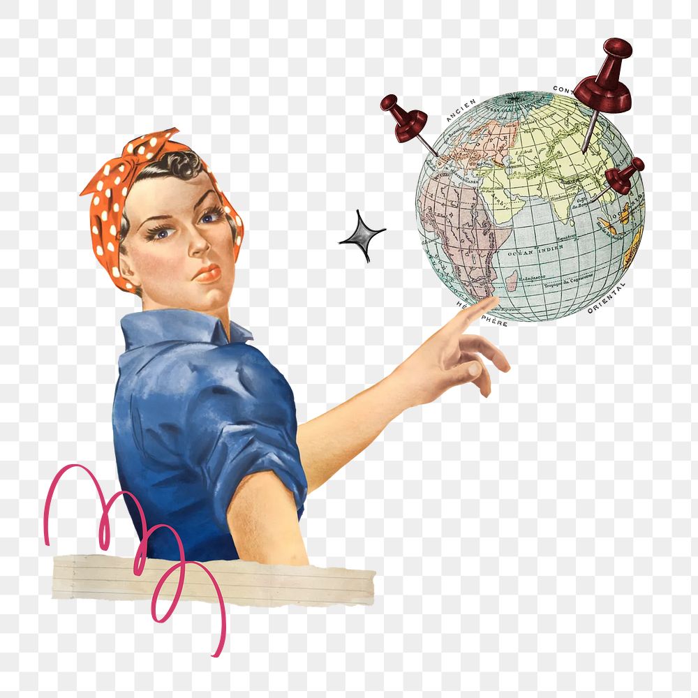 Woman pinning globe png, travel collage, transparent background. Remixed by rawpixel.