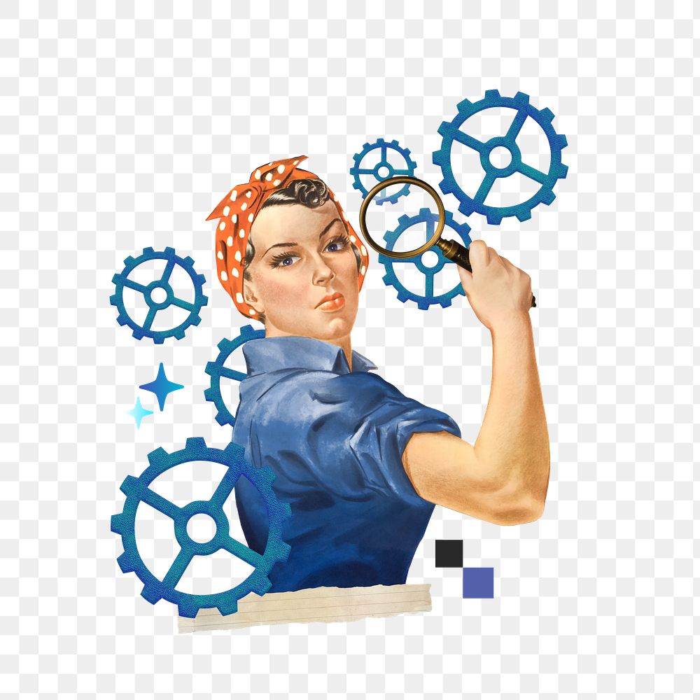 Woman holding png magnifying glass, cogwheel business, transparent background. Remixed by rawpixel.