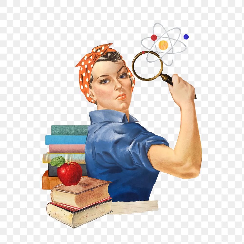 Science education png, woman holding magnifying glass collage, transparent background. Remixed by rawpixel.