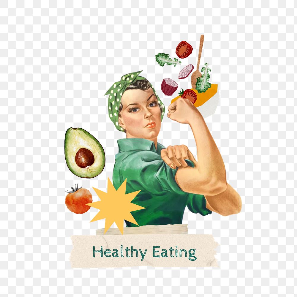 Healthy eating png word, collage art on transparent background. Remixed by rawpixel.